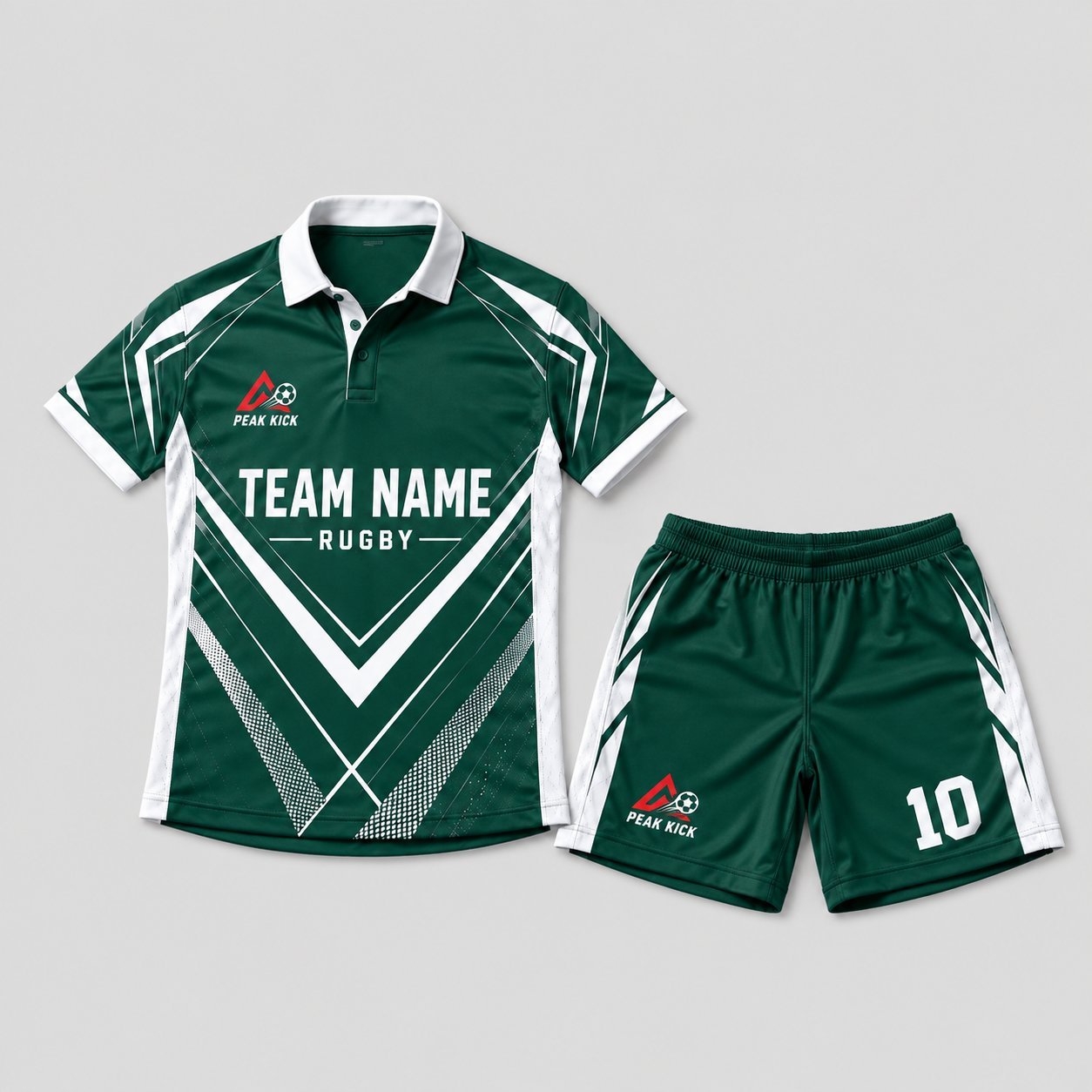Team Name Rugby dark green and white youth polo kit with chevron design and matching shorts, Peak Kick logo