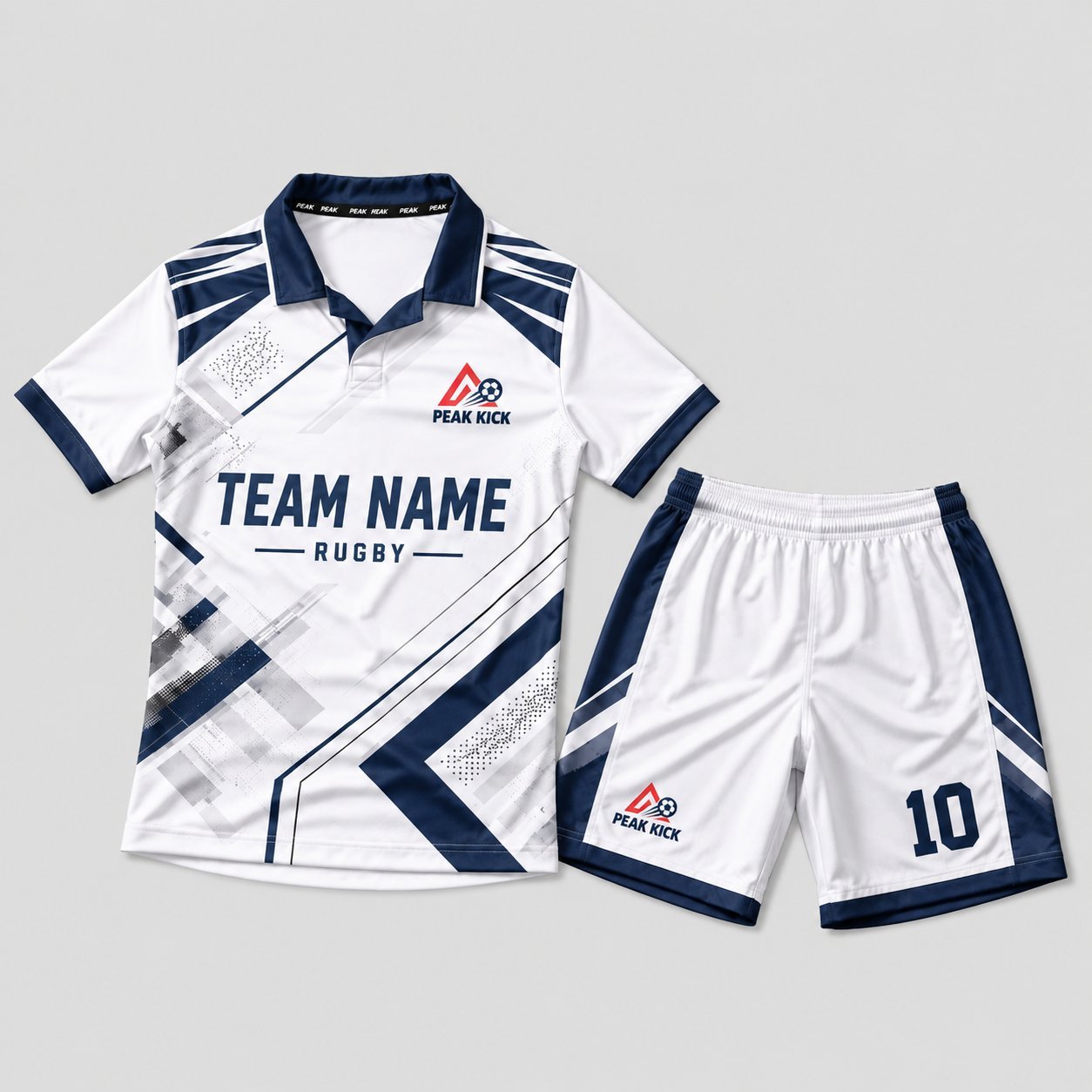 Team Name Rugby white and navy youth polo kit with geometric chevron design and matching shorts, Peak Kick logo