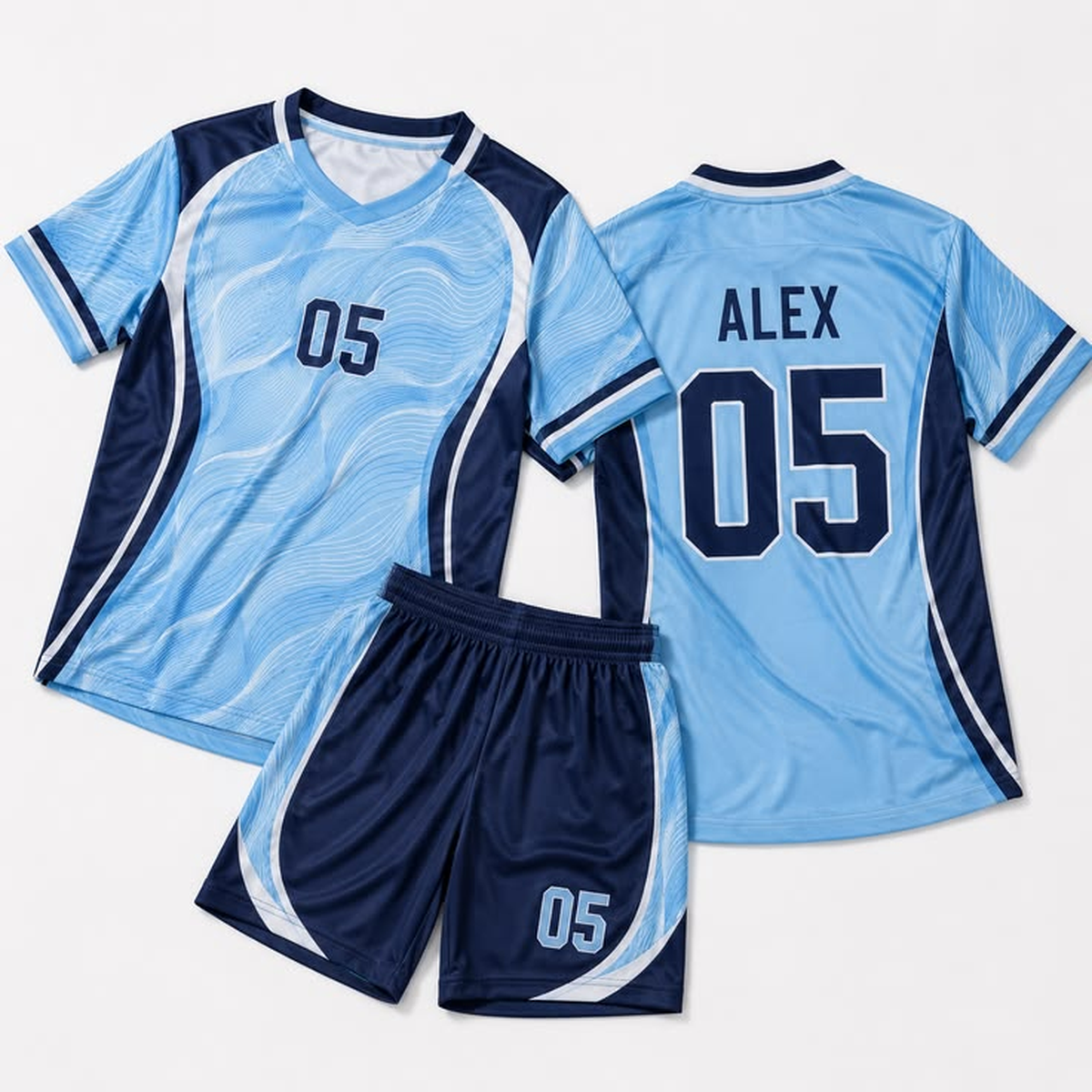 Light blue and navy jersey front and back with ALEX and number 05, with matching shorts