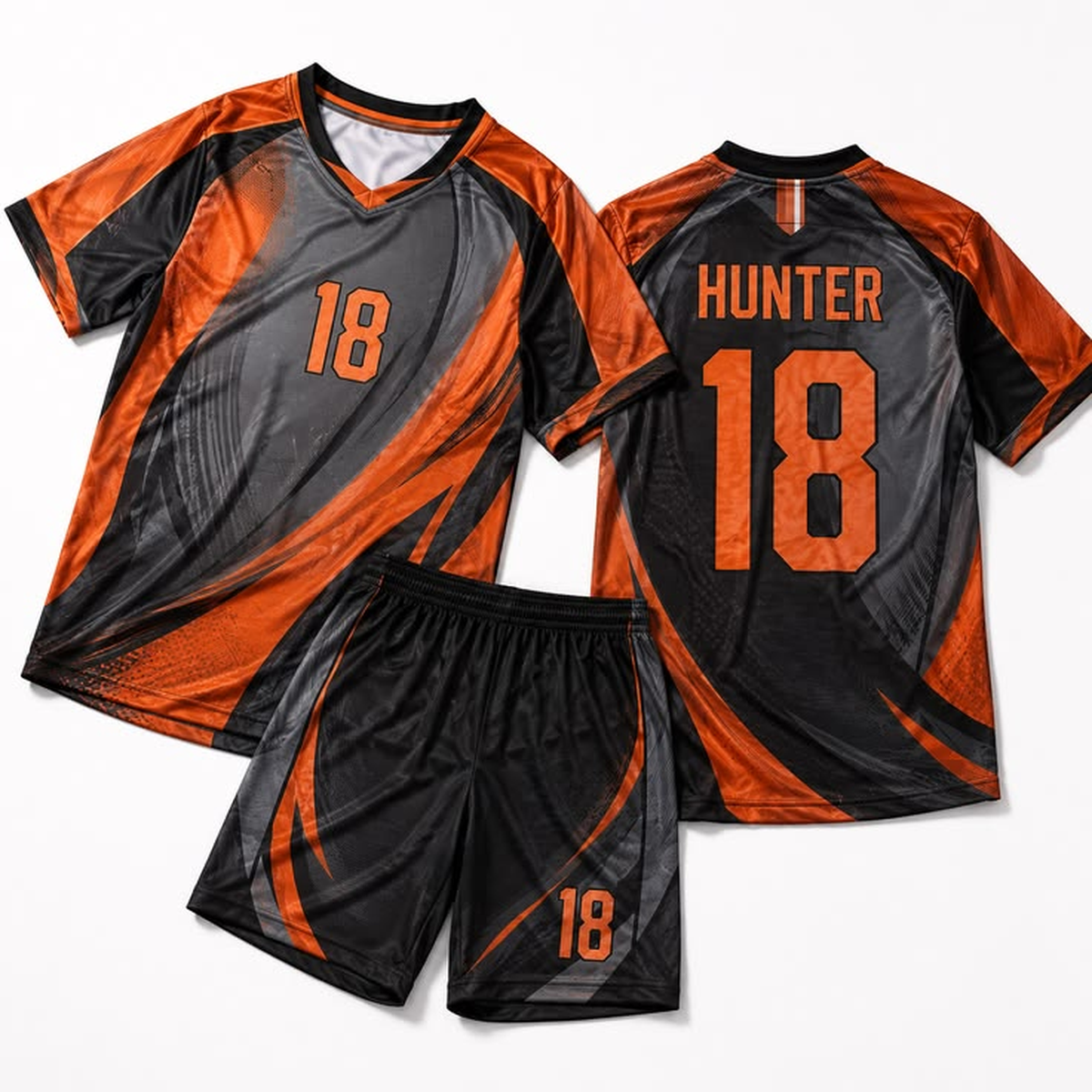 Orange and black jersey front and back with HUNTER and number 18, with matching shorts