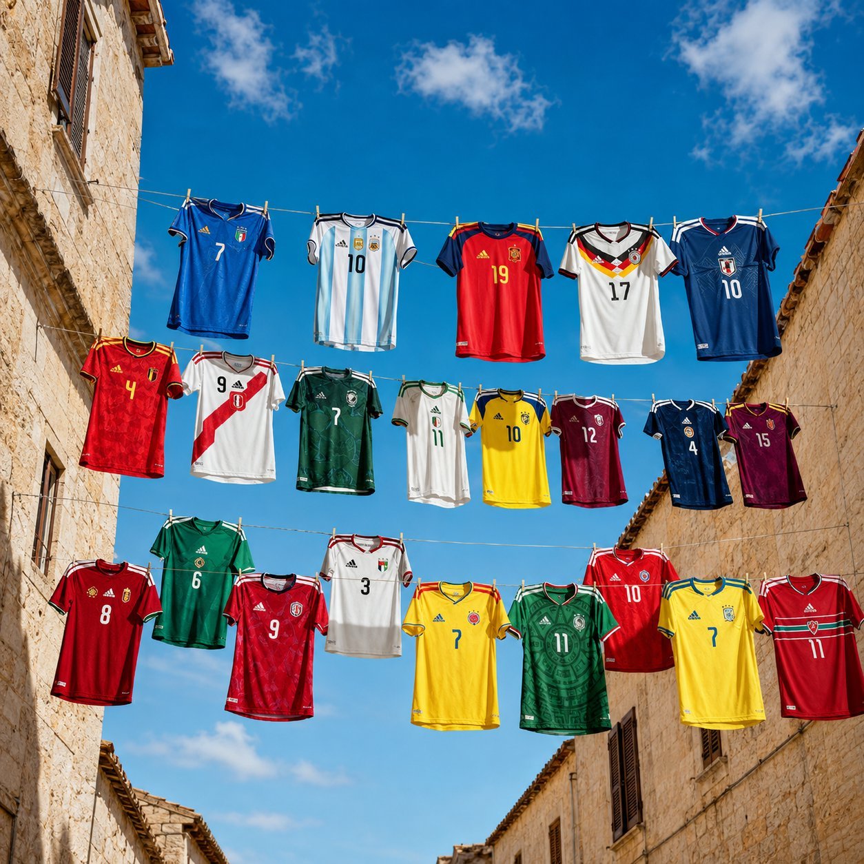 2026 World Cup jerseys hung outdoors on a clothesline