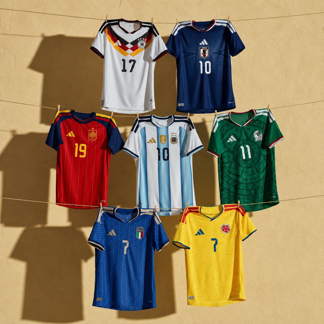 2026 World Cup national team jerseys hanging on a clothesline