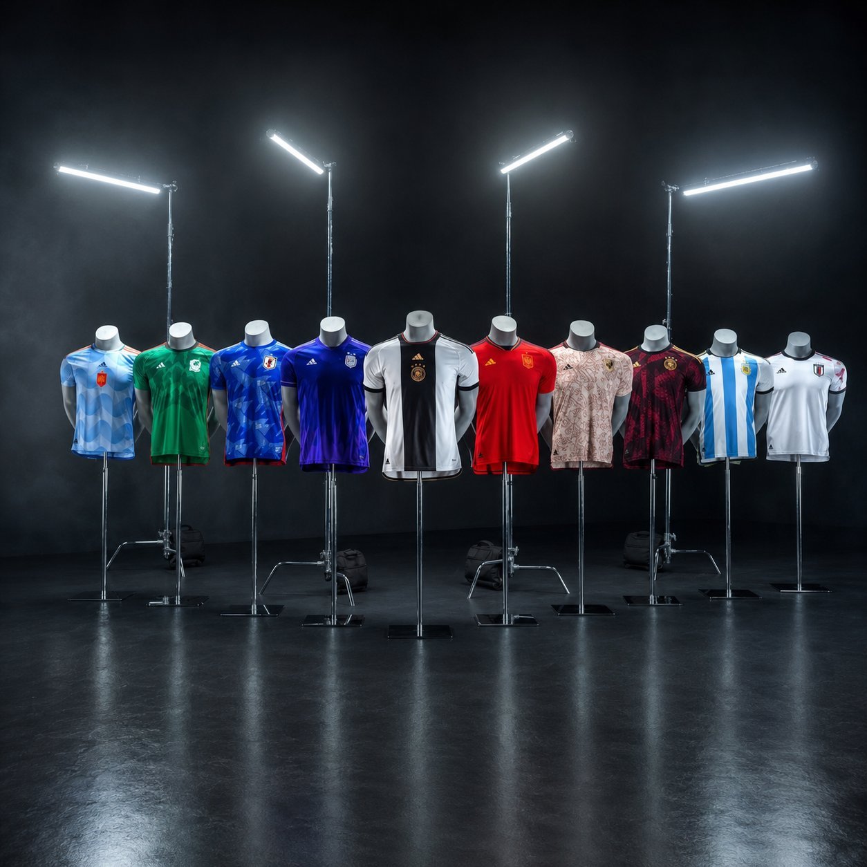 National team kits on mannequins in a tournament lineup