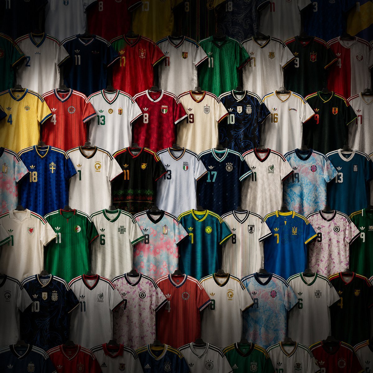 Wall display of 2026 World Cup national team jerseys